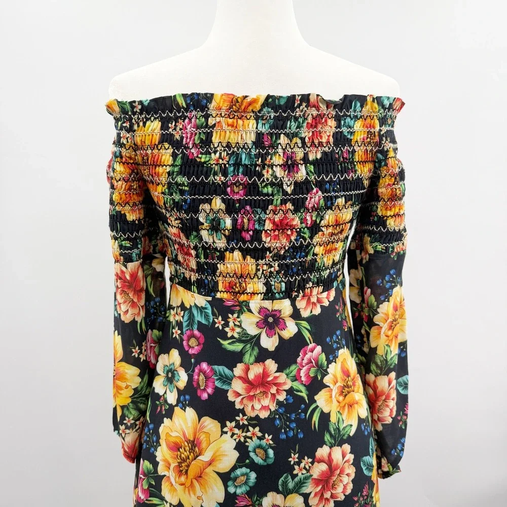 Farm Rio x Anthropologie Sasha Off-The-Shoulder Dress in‎ Black Floral Size XS - Picture 5 of 10